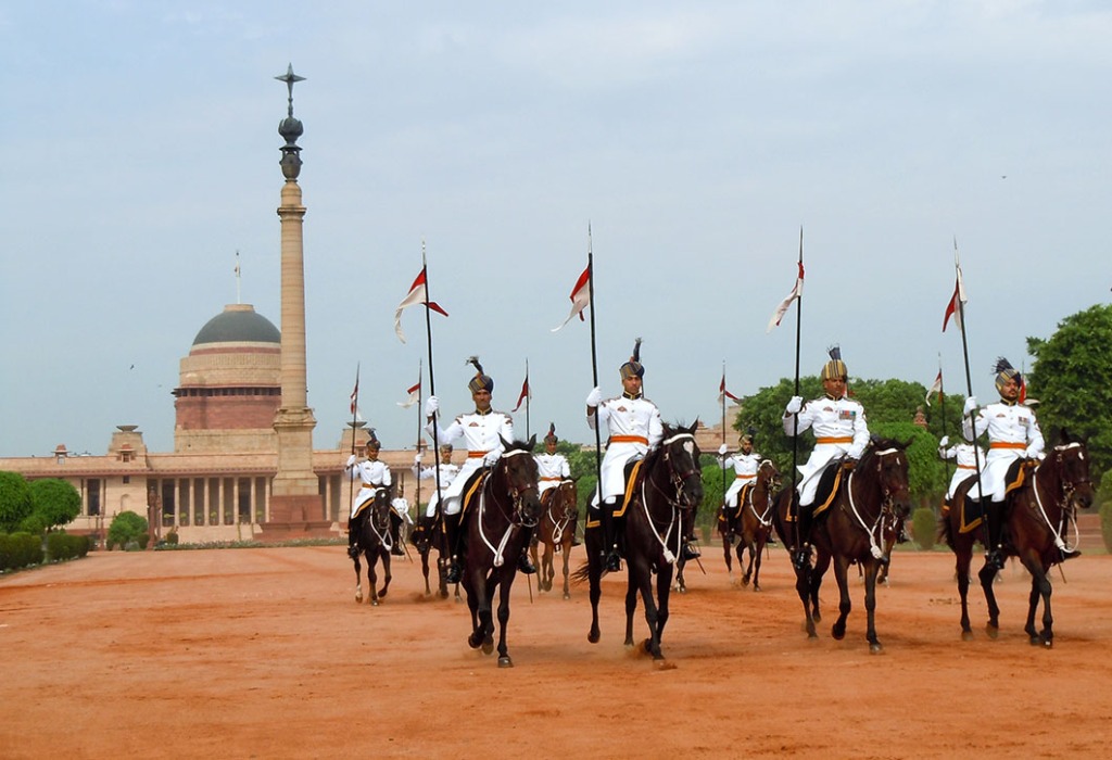 A cpolumn of mounted president's guards at the parade in front of Rashtrapathi Bhavan
